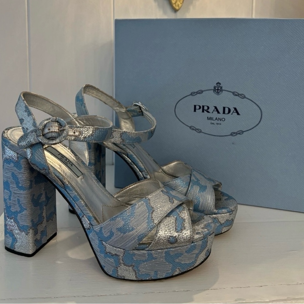 Prada Women's Blue and Silver Platform Sandals